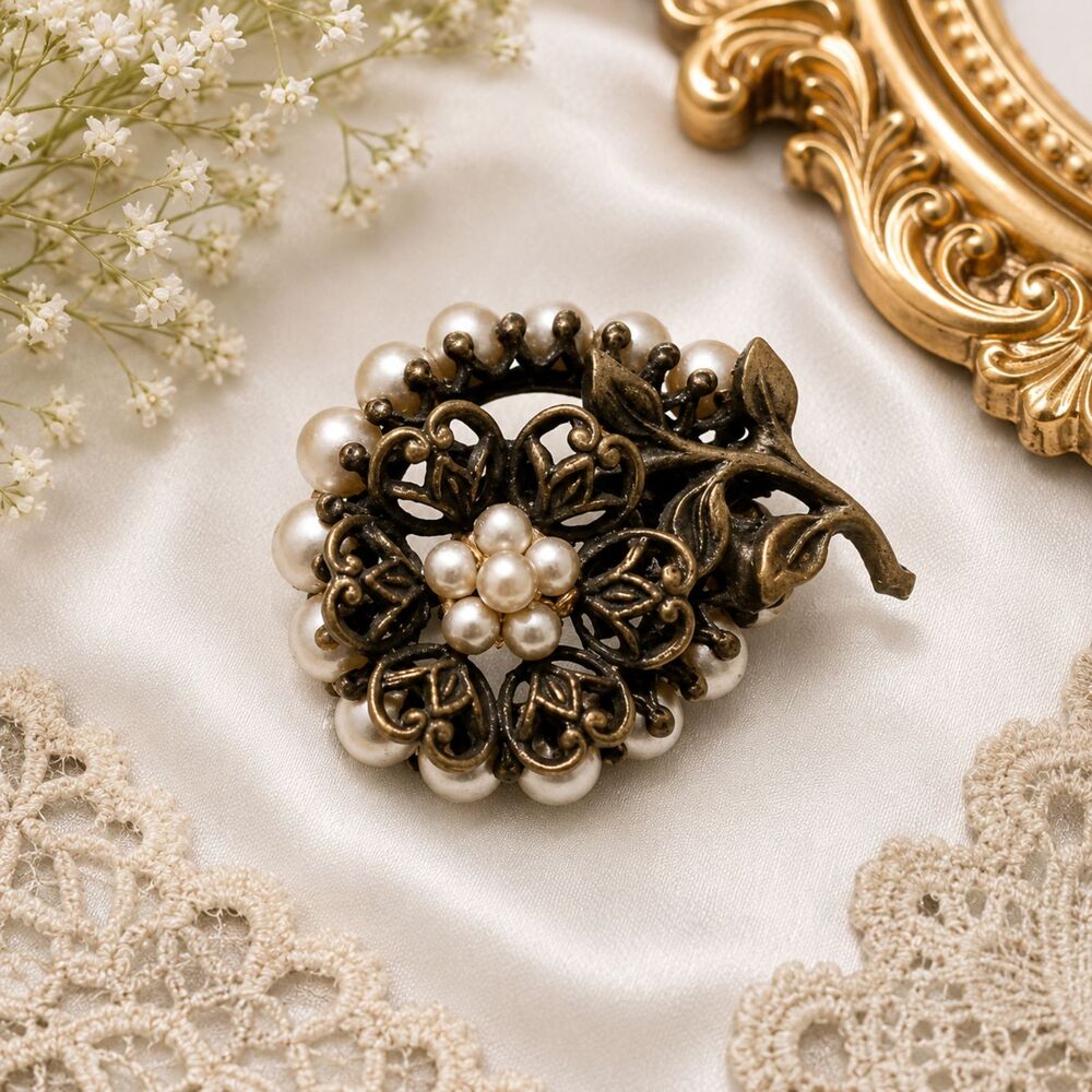 Vintage Gold Tone Faux Seed Pearl Floral Scatter Pin Brooch